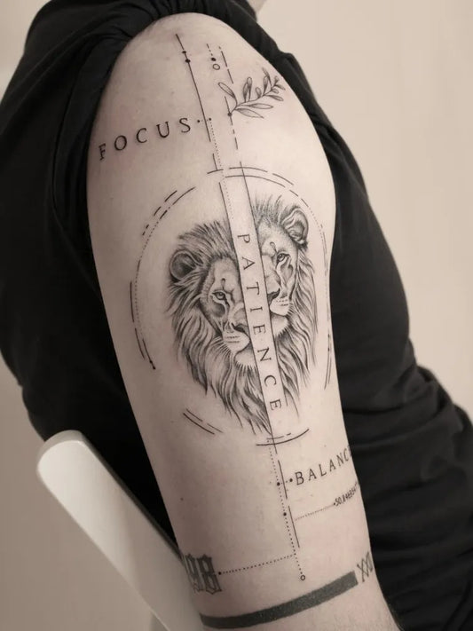 Medium Black and Grey Lion with Geometric Elements on Men Arm Tattoo by @julieetattoo