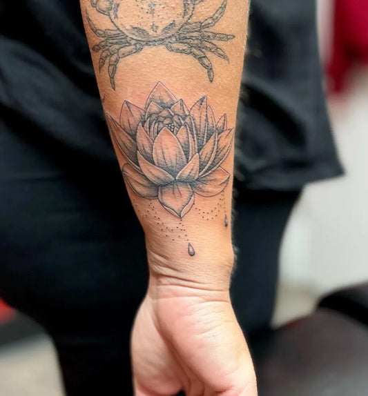 Medium Black and Grey Lotus Flower and Crab on Men Arm Tattoo by @ellawaffleink