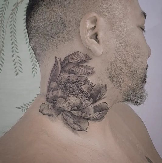 Medium Black and Grey Lotus Flower on Men Neck Tattoo by @matcha.shiro