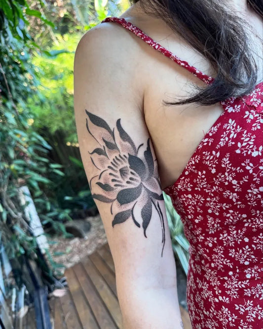 Medium Black and Grey Lotus Flower on Women Arm Tattoo by @joaobeber