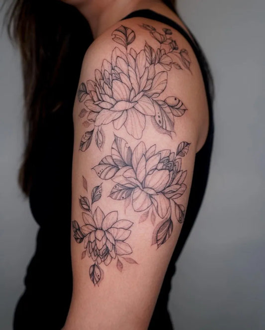 Medium Black and Grey Lotus Flowers on Women Shoulder Tattoo by @lovergirltattoos_