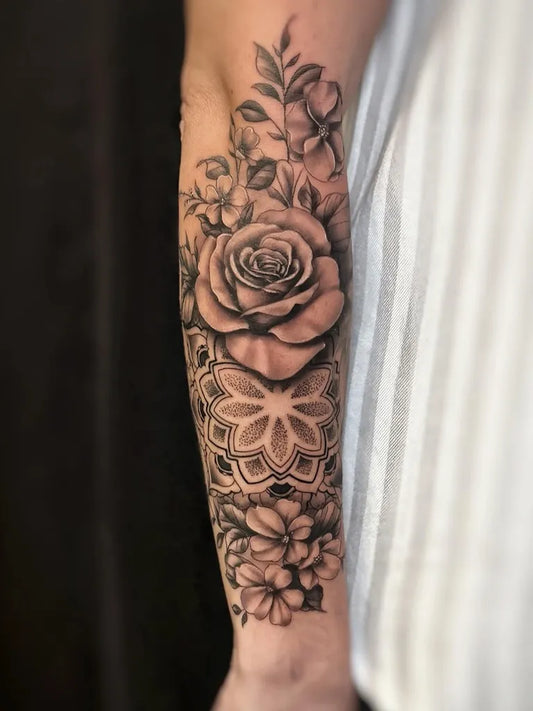 Medium Black and Grey Mandala Rose Flowers Tattoo on Women Arm by @tom_boranek_tattoo_artist