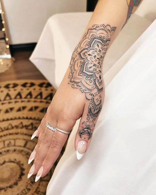 Medium Black and Grey Mandala Tattoo on Women Wrist by @anais_chabane