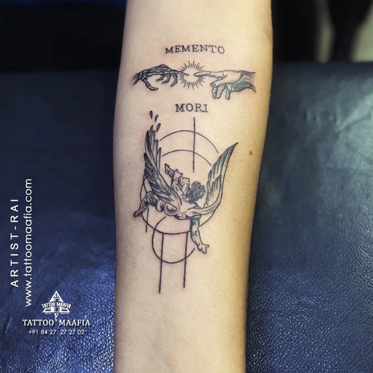 Medium Black and Grey Memento Mori Angel Wings on Women Arm Tattoo by @tattoo_maafia_8427272702