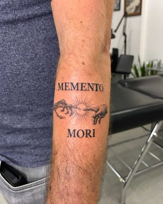 Medium Black and Grey Memento Mori Hands on Men Forearm Tattoo by @weekendtattoostudio