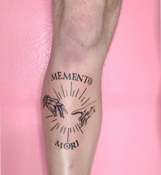 Medium Black and Grey Memento Mori Hands on Men Thigh Tattoo by @tattoo.zhda