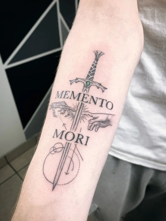 Medium Black and Grey Memento Mori Sword with Hands on Men Arm Tattoo by @odyssey.tattoo