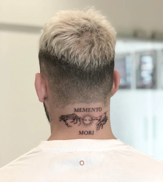 Medium Black and Grey Memento Mori hands on Men Neck Tattoo by @giorgiokomintattoo