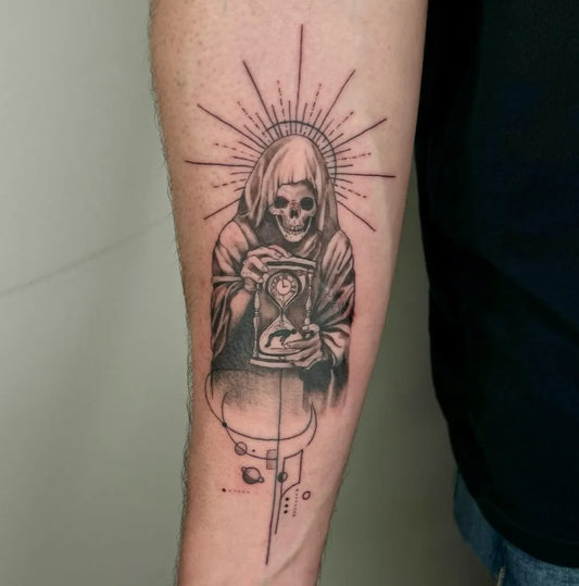 Medium Black and Grey Memento Mori on Men Arm Tattoo by @emr_ink