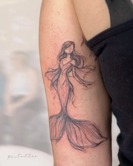 Medium Black and Grey Mermaid Tattoo on Women Arm by @p.s_tattoo