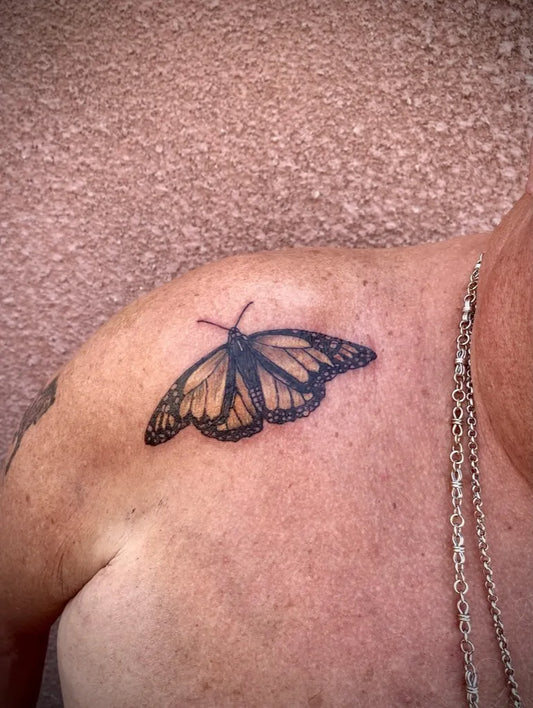 Black and Grey Monarch Butterfly on Men Shoulder Tattoo by @cleanink_tattoos