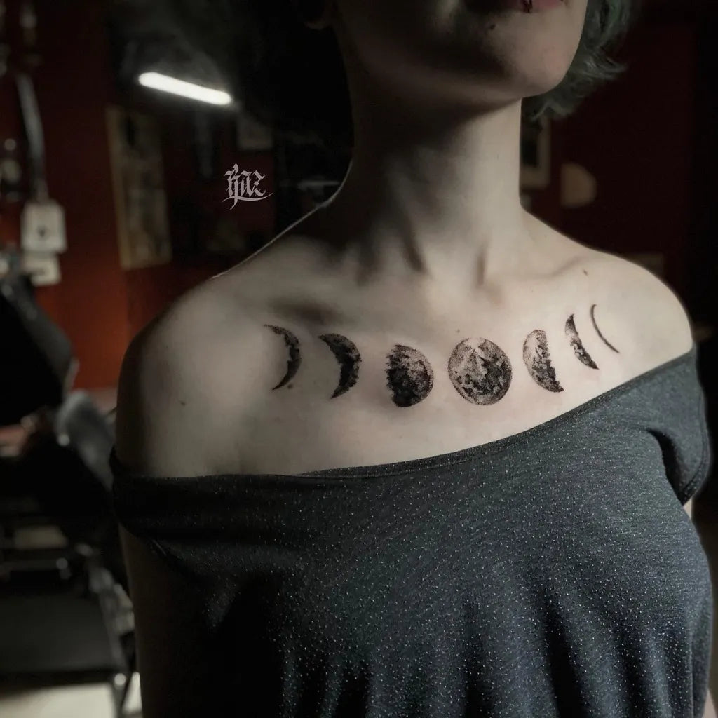 Medium Black and Grey Moon Phases Tattoo on Women Chest by @h8kaz