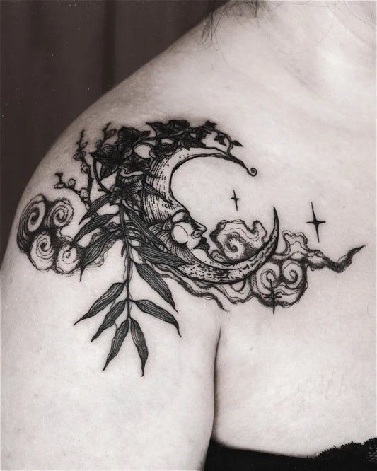 Medium Black and Grey Moon and Floral Tattoo on Women Shoulder by @psychara_art