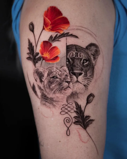 Medium Black and Grey Mother Lion and Cub with Poppies on Women Arm Tattoo by @valpenta2