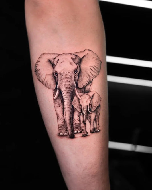 Medium Black and Grey Mother and Baby Elephant Tattoo on Men Arm by @_ktattoo_