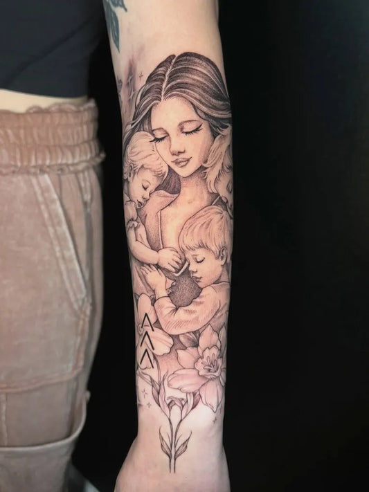 Medium Black and Grey Mother and Children Family Tattoo on Women Arm by @wiggins.ink