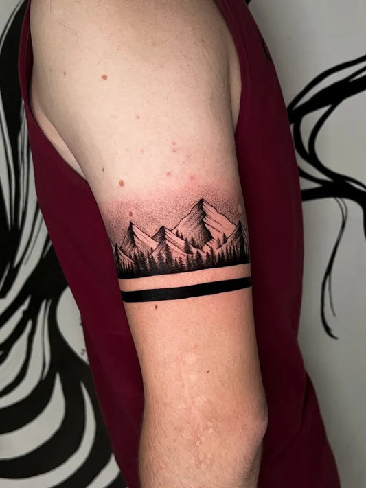 Medium Black and Grey Mountain Forest Tattoo on Men Warp Armband by @allister.tattoo