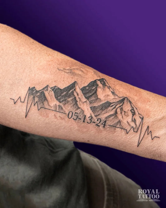 Medium Black and Grey Mountain Heartbeat Tattoo on Men Arm by @royaltattooyyc