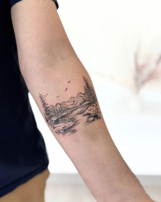 Medium Black and Grey Mountain Landscape Tattoo on Men Arm by @zezitattoo