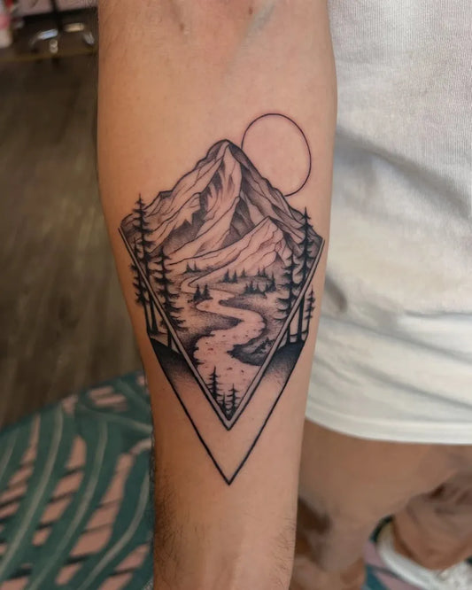 Medium Black and Grey Mountain Landscape Tattoo on Men Forearm by @shashonna