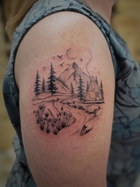 Medium Black and Grey Mountain Landscape Tattoo on Women Arm by @wildflowerpmu