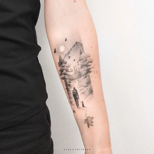 Medium Black and Grey Mountain Path Dog Walker Nature Tattoo on Men Arm by @klax.tattooer