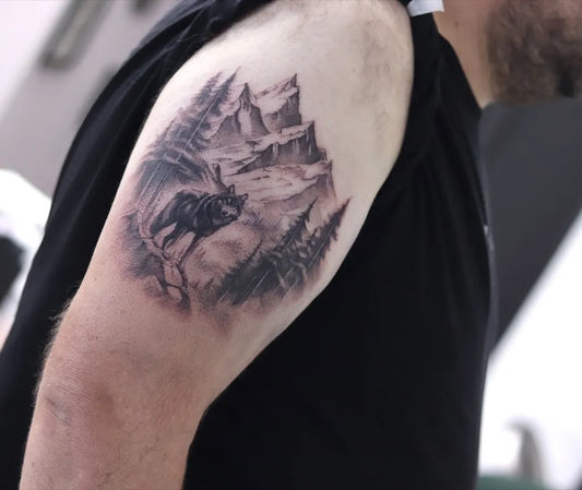 Medium Black and Grey Mountain Wolf and Forest Tattoo on Men Arm by @mothlilly