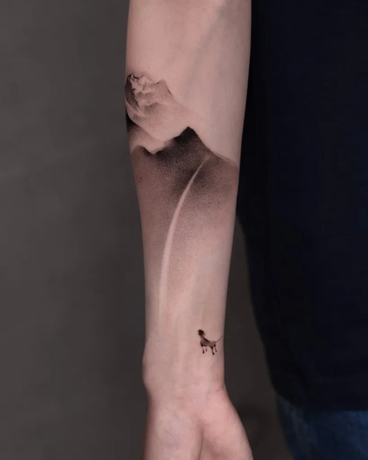 Medium Black and Grey Mountain and Dog Tattoo on Men Arm by @newtattoo_studio