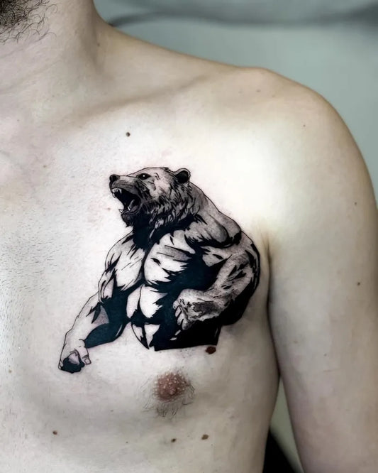 Medium Black and Grey Muscular Bear on Men Chest Tattoo by @birol_tattoo