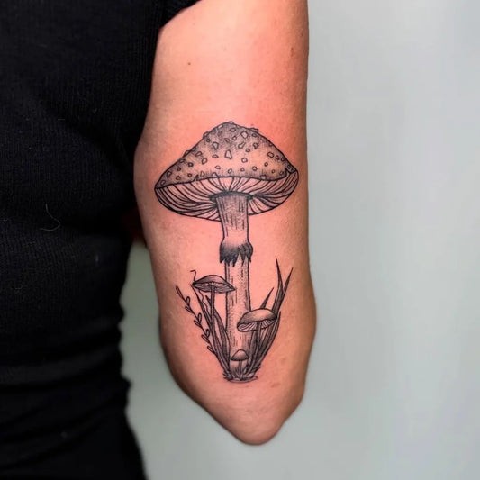 Medium Black and Grey Mushroom Cluster on Women Arm Tattoo by @dropdeadgorgink