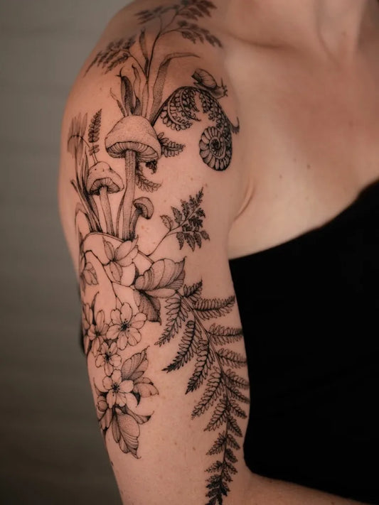 Medium Black and Grey Mushroom Fern and Flower on Women Shoulder Tattoo by @nazz_tattoo