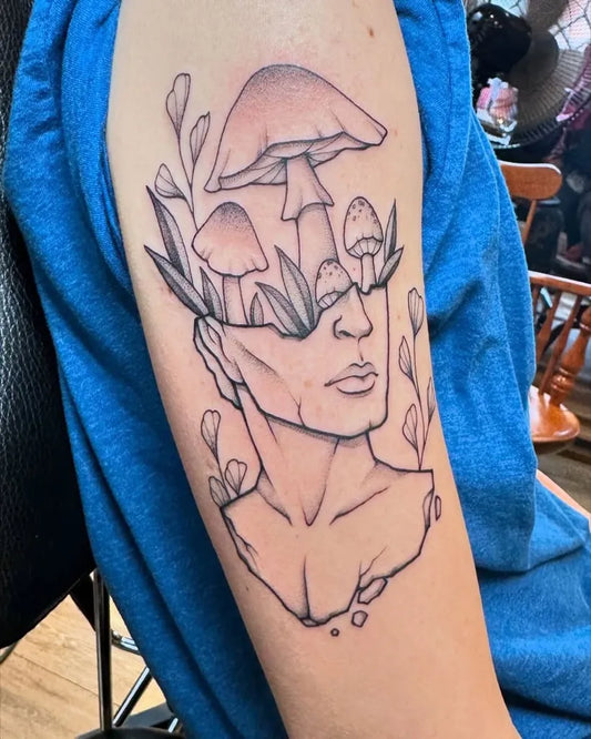 Medium Black and Grey Mushroom Head on Women Arm Tattoo by @voodouxtattoux