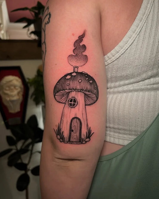 Medium Black and Grey Mushroom House on Women Arm Tattoo by @amyjiaotattoo