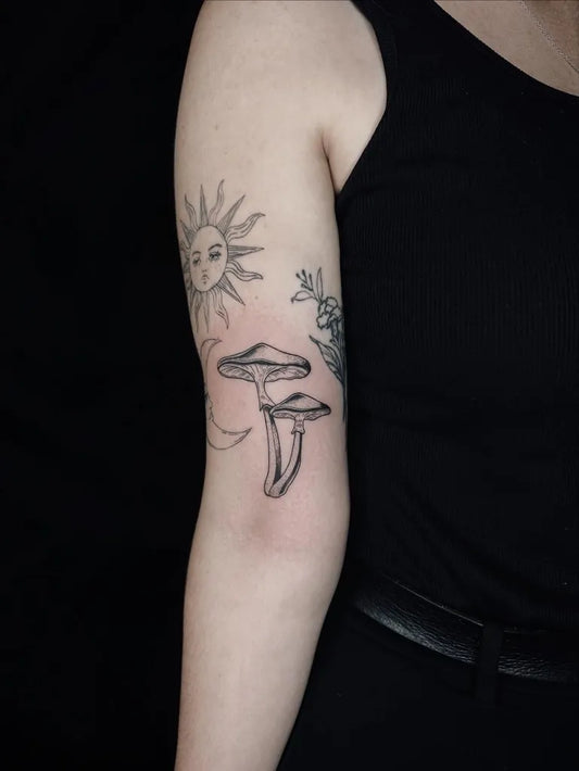 Medium Black and Grey Mushroom Sun and Flowers on Women Arm Tattoo by @ash._tattoos