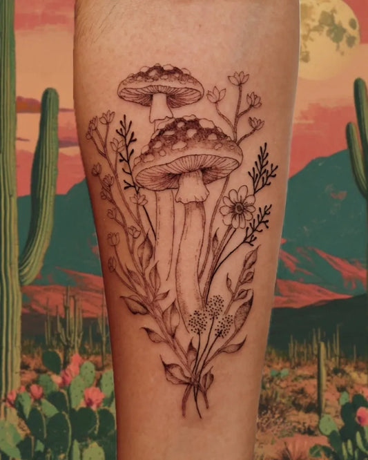 Medium Black and Grey Mushroom and Cactus and Flowers on Women Arm Tattoo by @alejandrita.tattoo