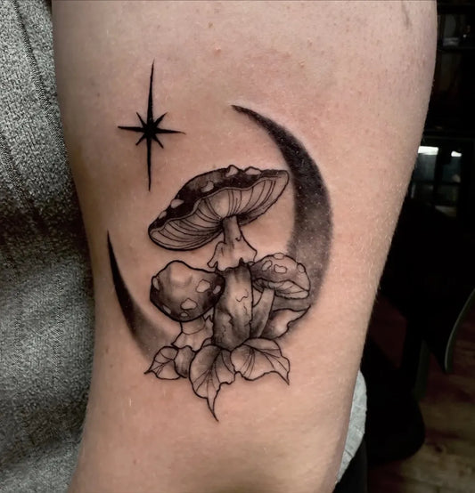 Medium Black and Grey Mushroom and Crescent Moon on Women Arm Tattoo by @mystic_sister_tattoos