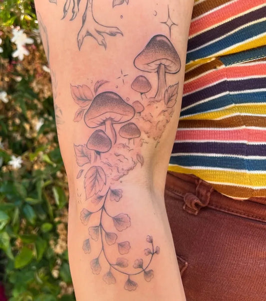 Medium Black and Grey Mushroom and Leaves on Women Arm Tattoo by @ghostbrunch