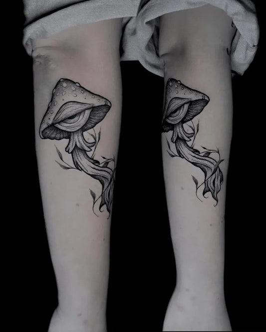 Medium Black and Grey Mushroom on Women Arm Tattoo by @kissink.tattoo