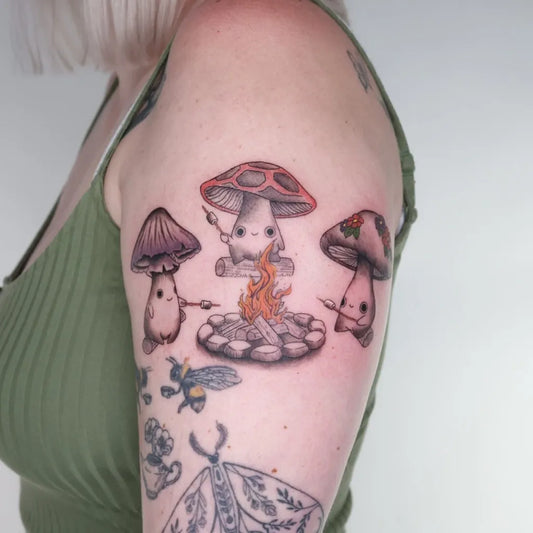 Medium Black and Grey Mushrooms Campfire on Women Arm Tattoo by @captainshade.tt