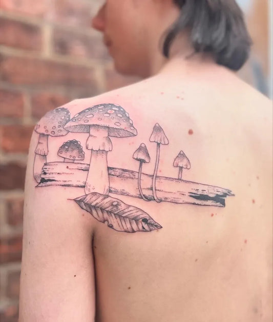 Medium Black and Grey Mushrooms and Log on Women Shoulder Tattoo by @beth_achinghands