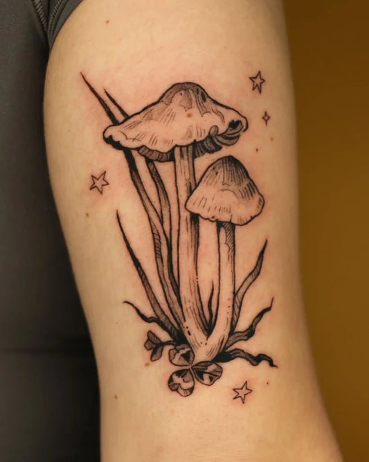 Medium Black and Grey Mushrooms and Stars on Women Arm Tattoo by @baldpeaches