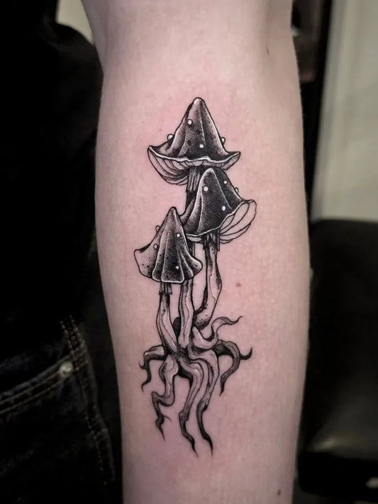 Medium Black and Grey Mushrooms on Women Arm Tattoo by @magecandor