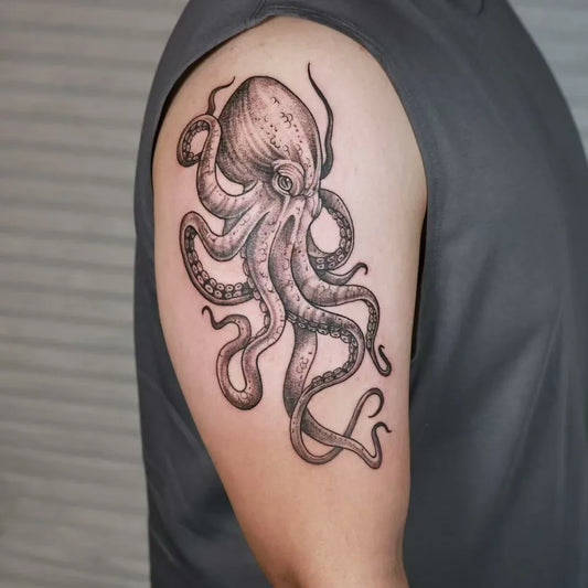 Medium Black and Grey Octopus Tattoo on Men Shoulder by @inkparktattoo_kop