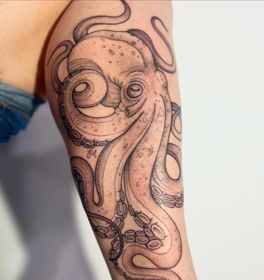 Medium Black and Grey Octopus Tattoo on Women Arm by @amandasmachado