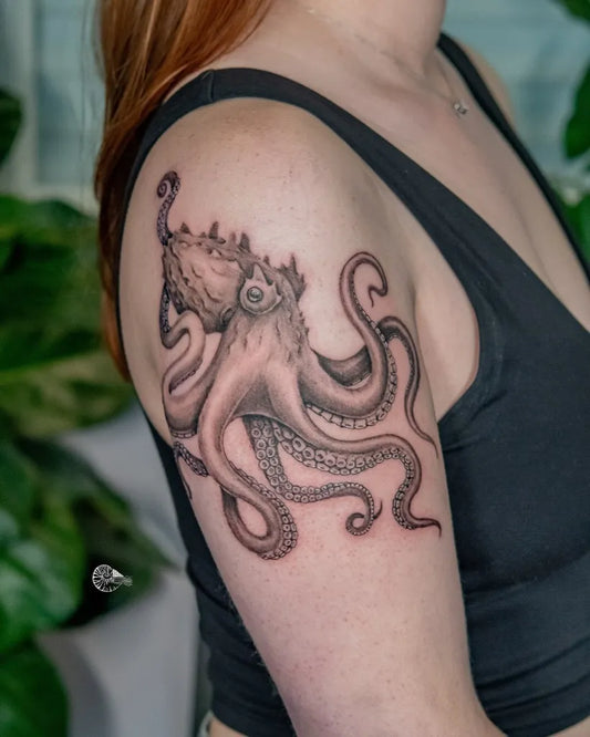 Medium Black and Grey Octopus Tattoo on Women Shoulder by @kraken.queen_tattoo