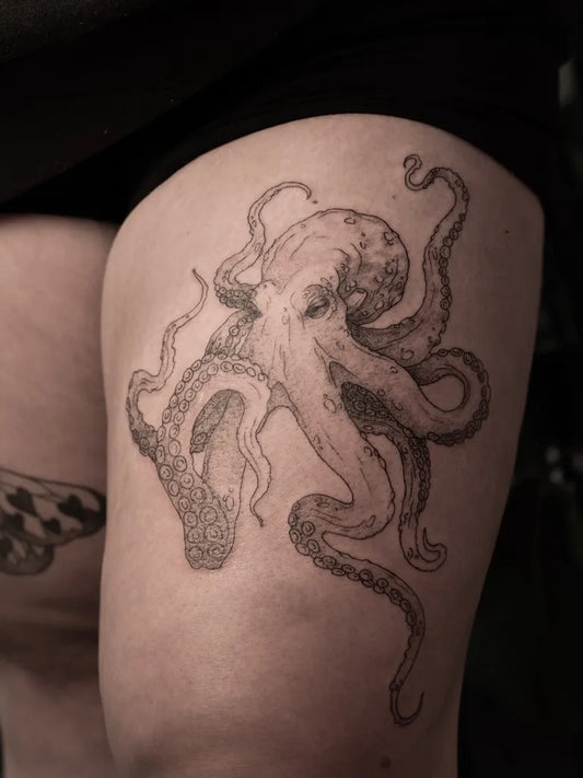 Medium Black and Grey Octopus Tattoo on Women Thigh by @zach_h.art