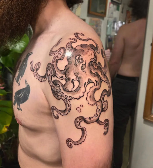 Medium Black and Grey Octopus and Raven Tattoo on Men Shoulder by @60jams