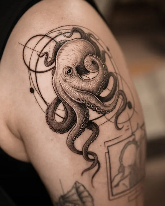 Medium Black and Grey Octopus with Geometric Elements Tattoo on Men Arm by @queso.ink