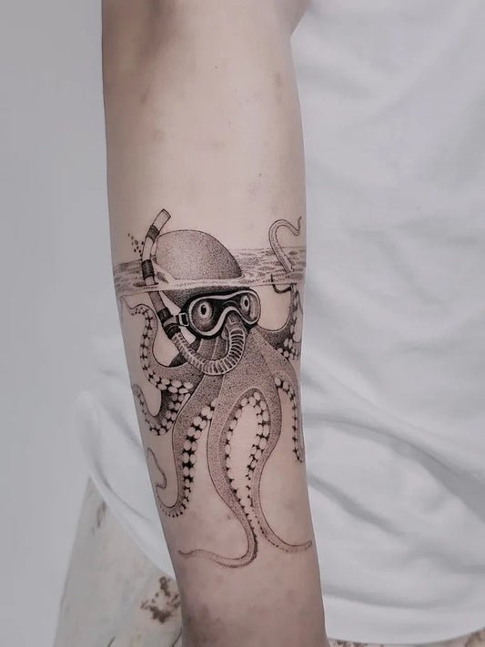 Medium Black and Grey Octopus with Scuba Gear Tattoo on Men Arm by @zeetatart