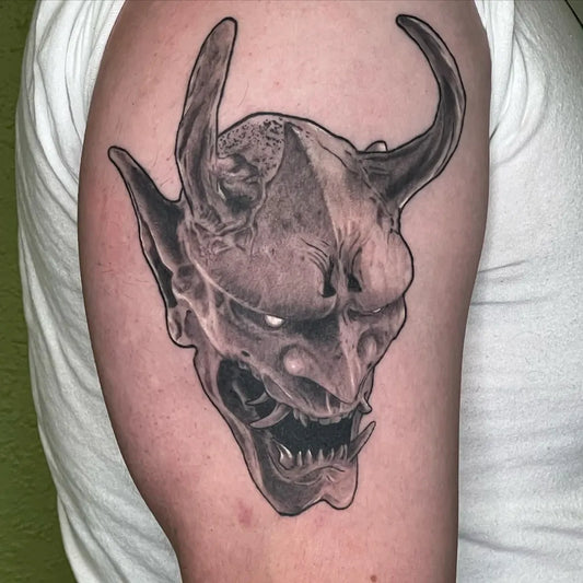 Medium Black and Grey Oni Mask on Men Arm Tattoo by @tattoobybam